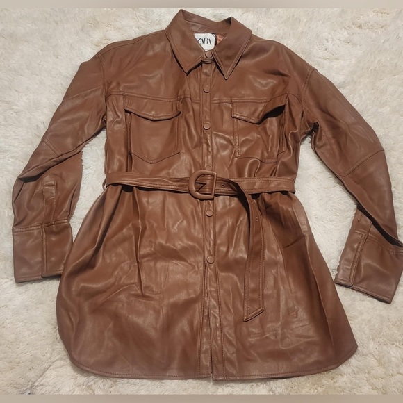 Zara Women’s Brown Faux Leather Women's Shacket Size Large Snap Front NWT - Picture 3 of 10